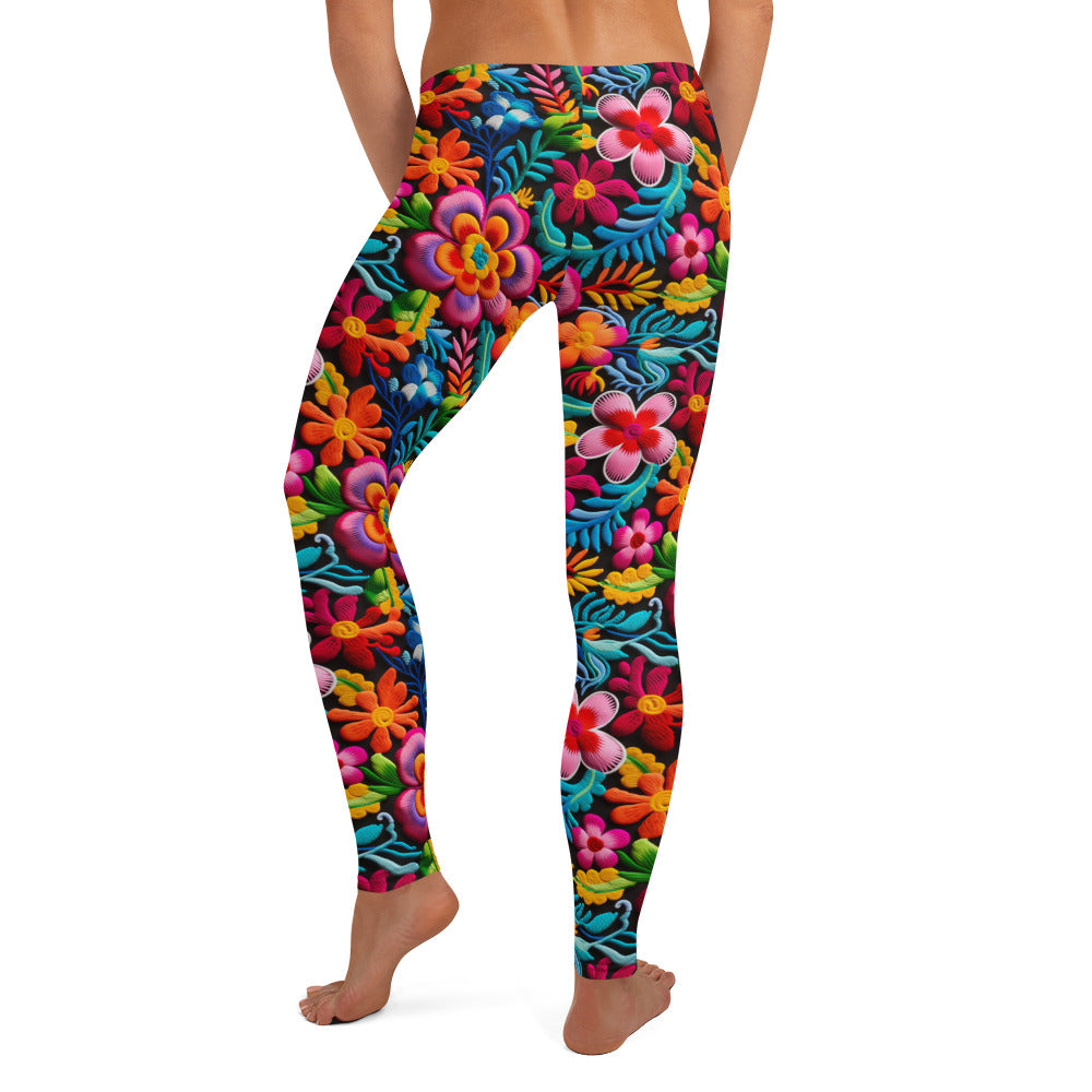 Mexican Embroidery Flowers Pattern Leggings