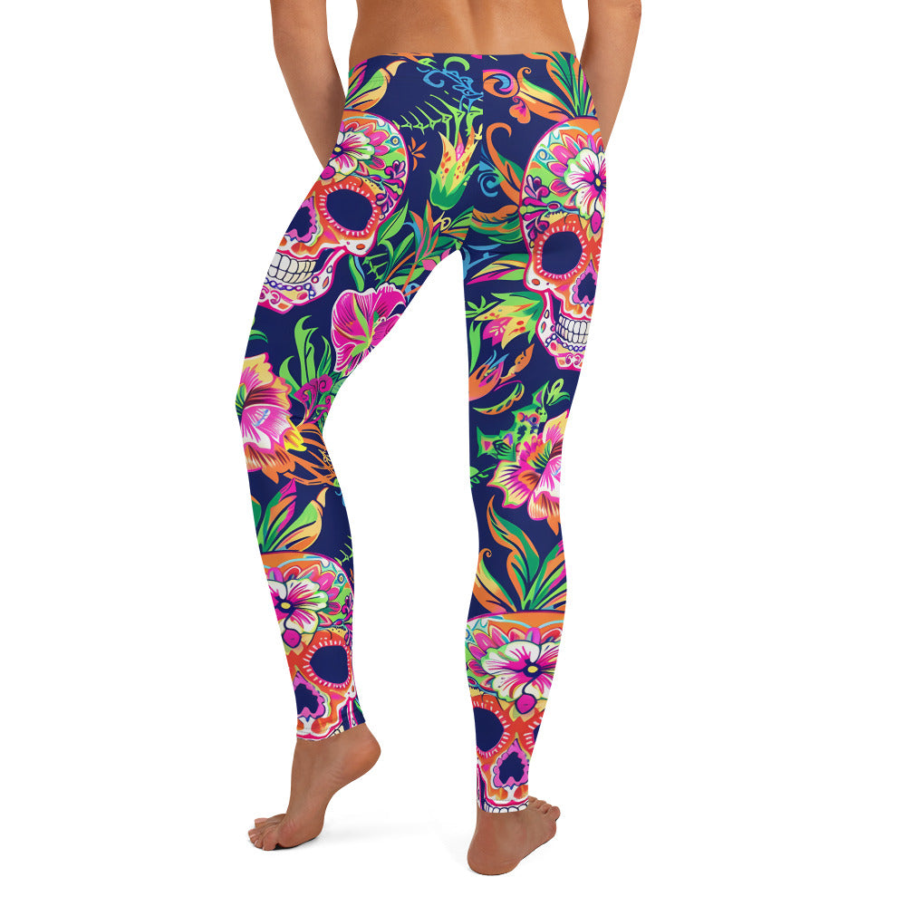 Sugar Skull & Tropical Floral Printed Leggings