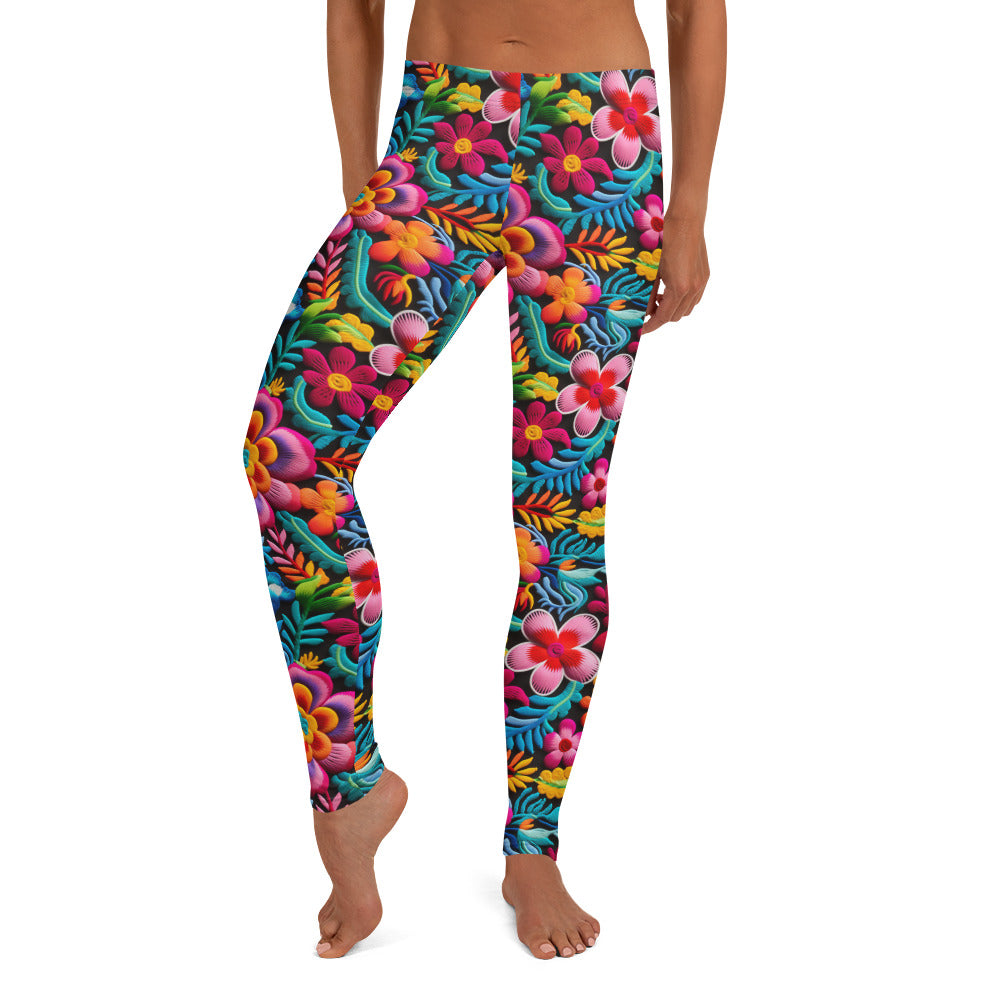 Mexican Embroidery Flowers Pattern Leggings