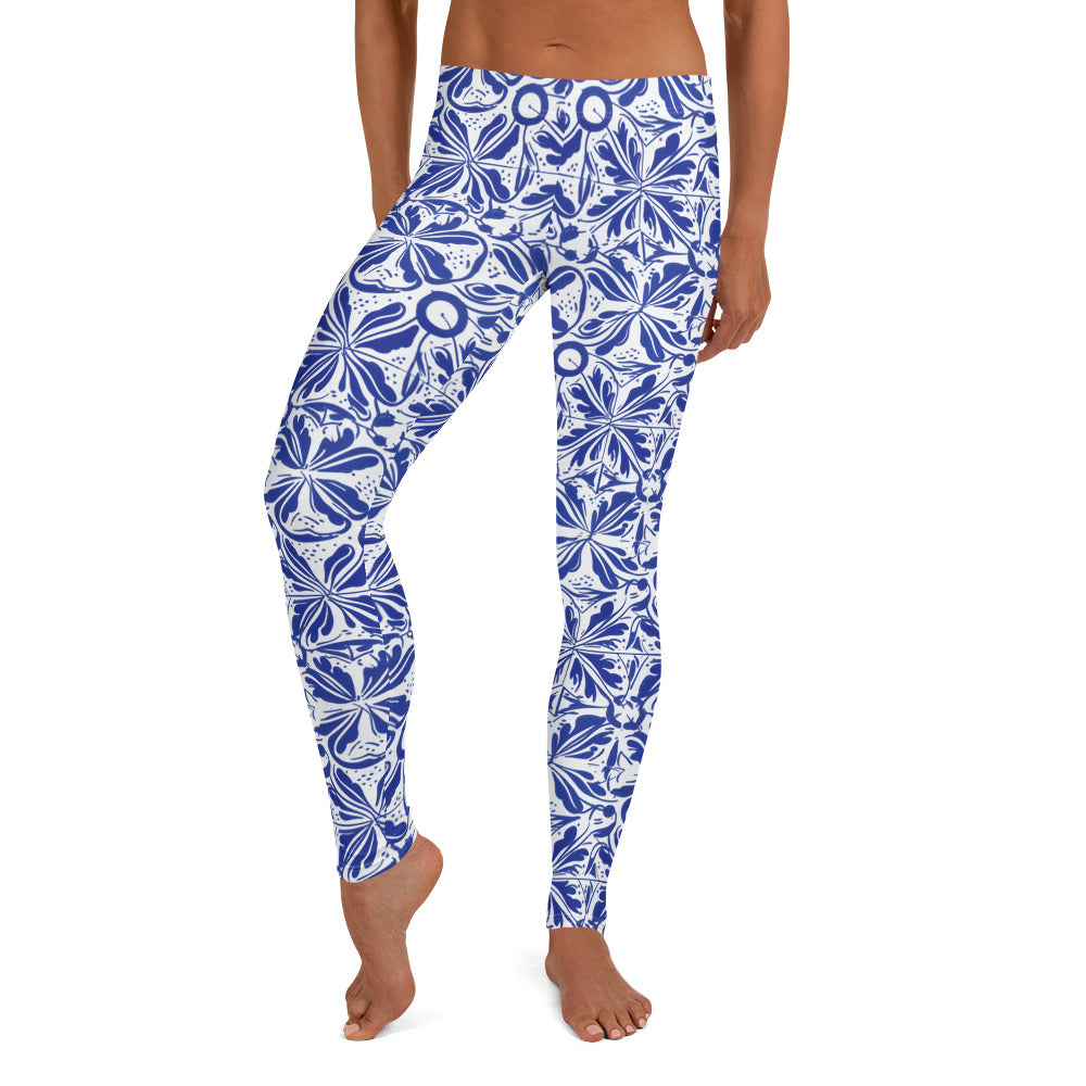 Mood Blue Y White Mexican Talavera Pattern Leggings