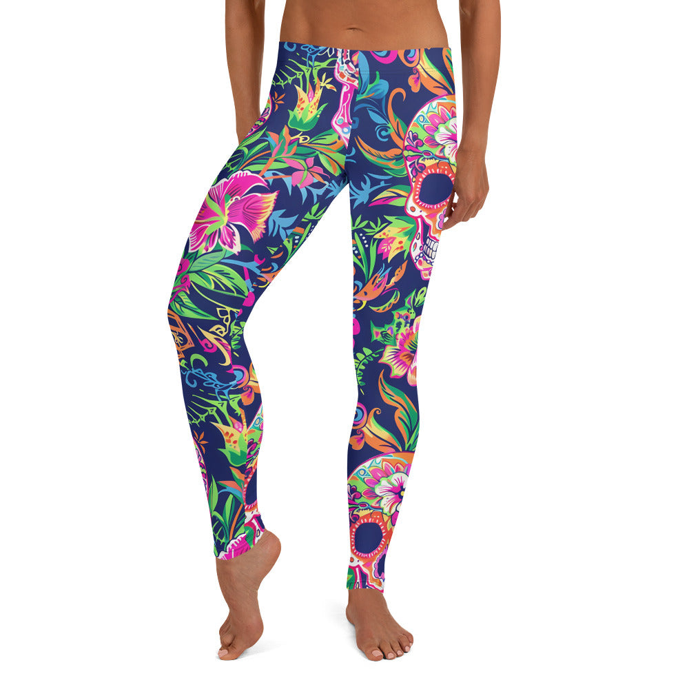 Sugar Skull & Tropical Floral Printed Leggings