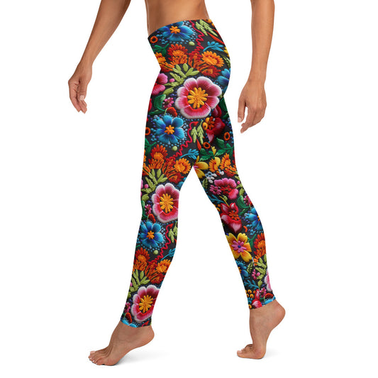 Mexican Embroidery Garden Flowers Pattern Leggings