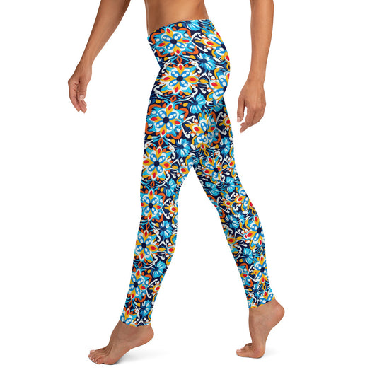 Mexican Talavera Turquoise Geometric Pattern Leggings