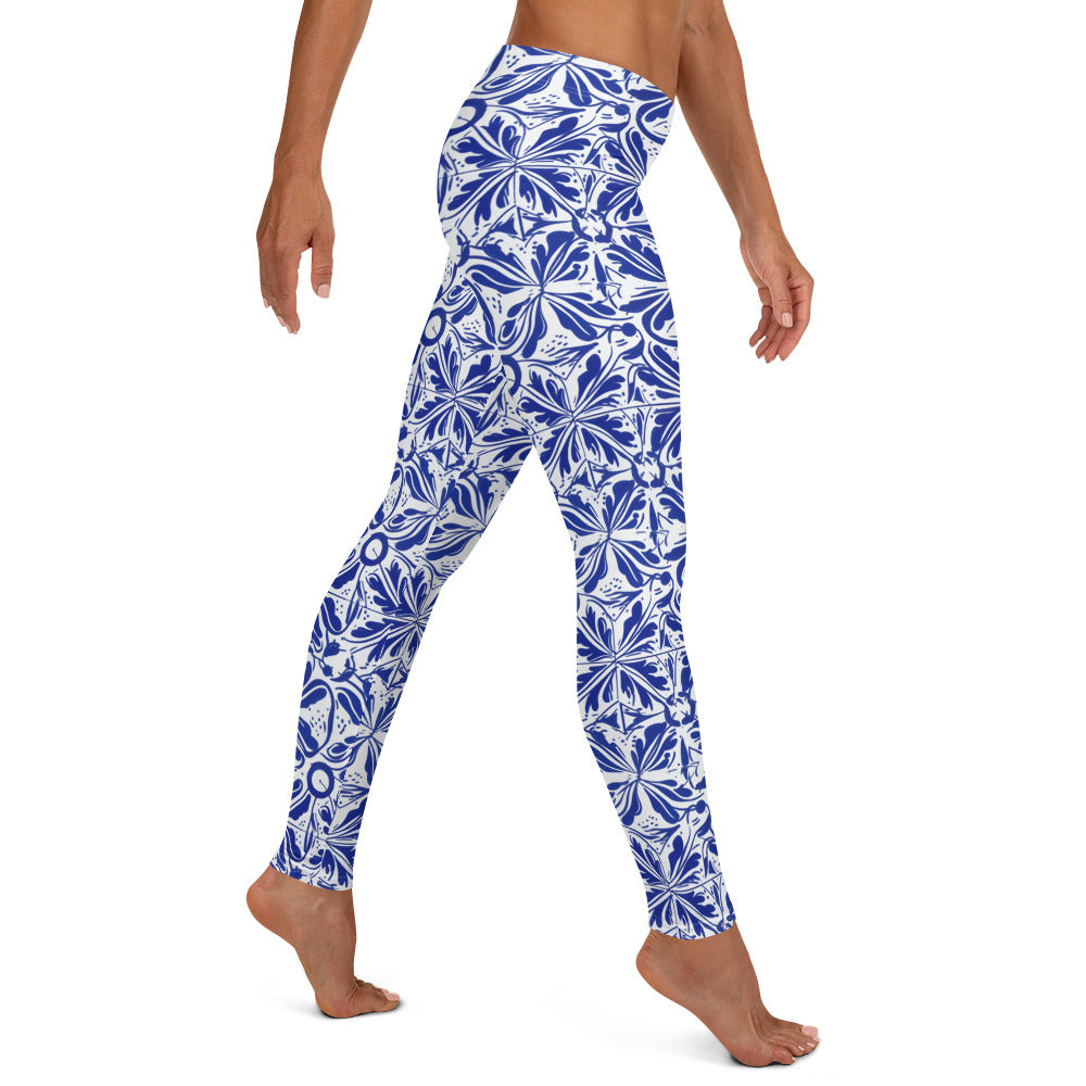 Mood Blue Y White Mexican Talavera Pattern Leggings