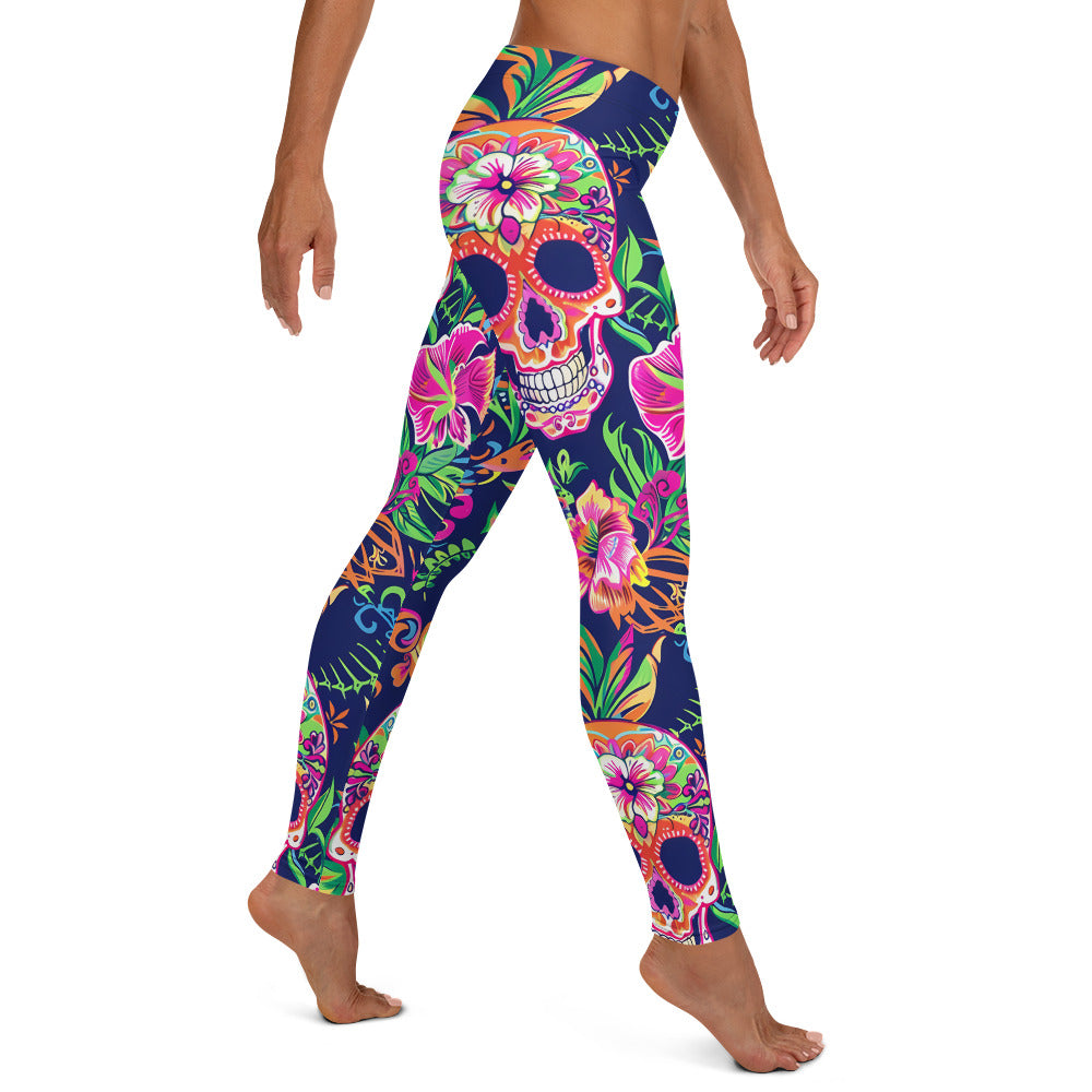 Sugar Skull & Tropical Floral Printed Leggings