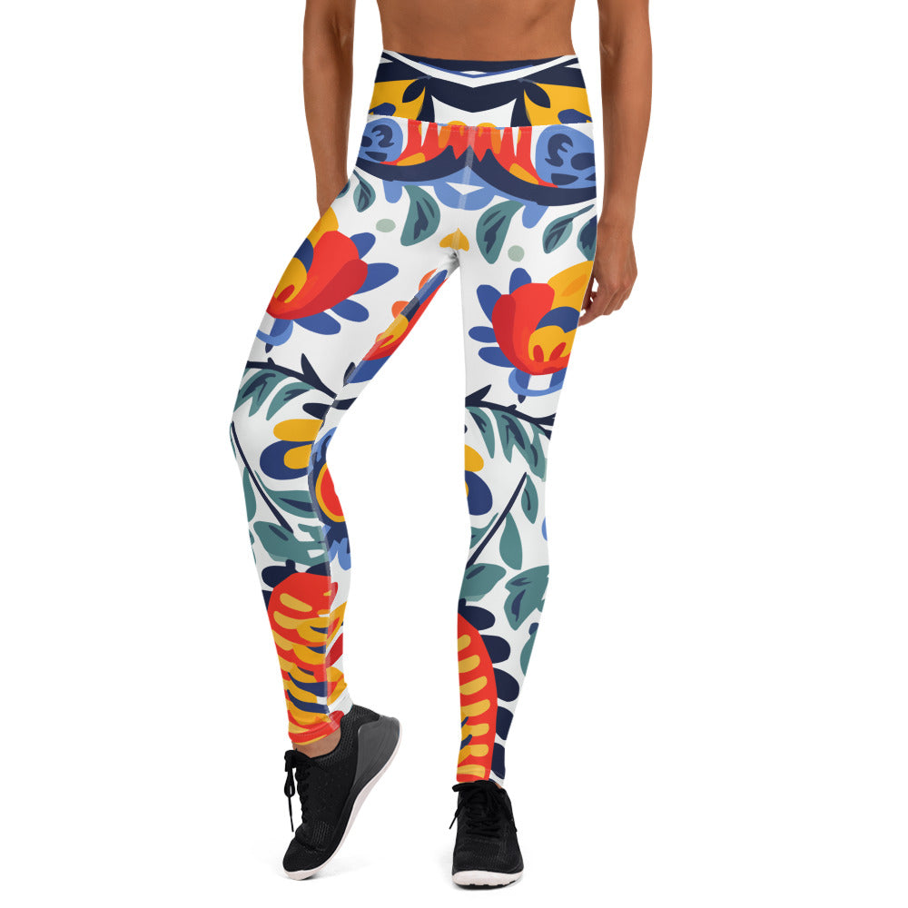 Blue Floral Mexican Pattern Yoga Leggings