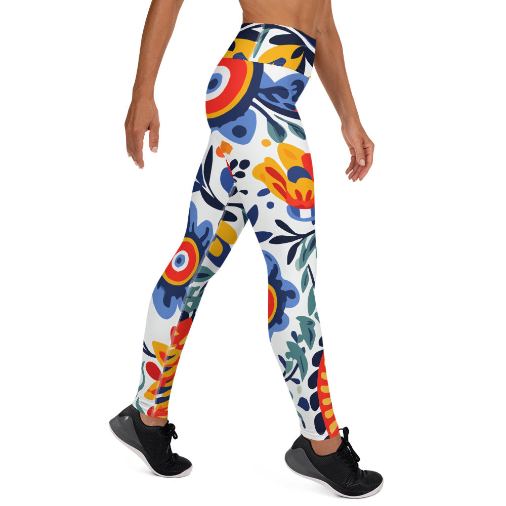 Blue Floral Mexican Pattern Yoga Leggings