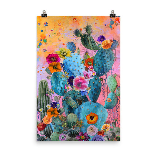 Cactus Y Flowers Mexican Art Poster