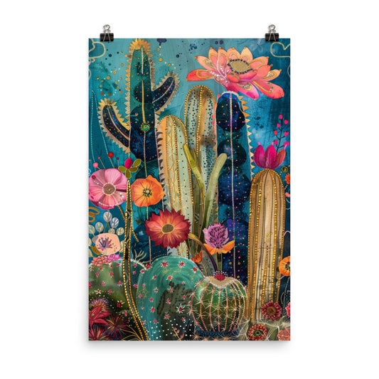 Vibrant Cactus and Floral Modern Mexican Art Poster