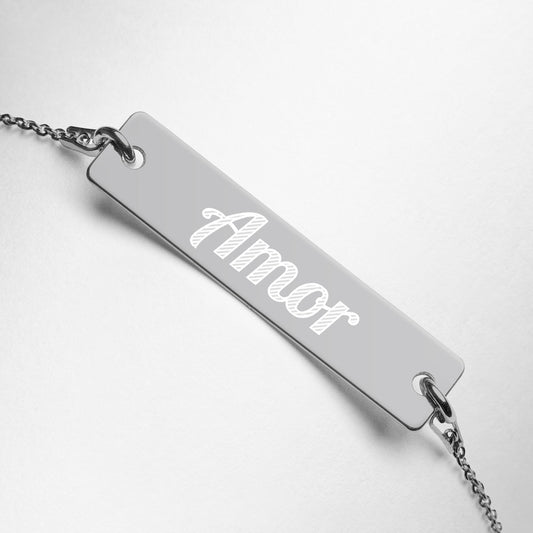 Amor Engraved Silver Bar Chain Bracelet